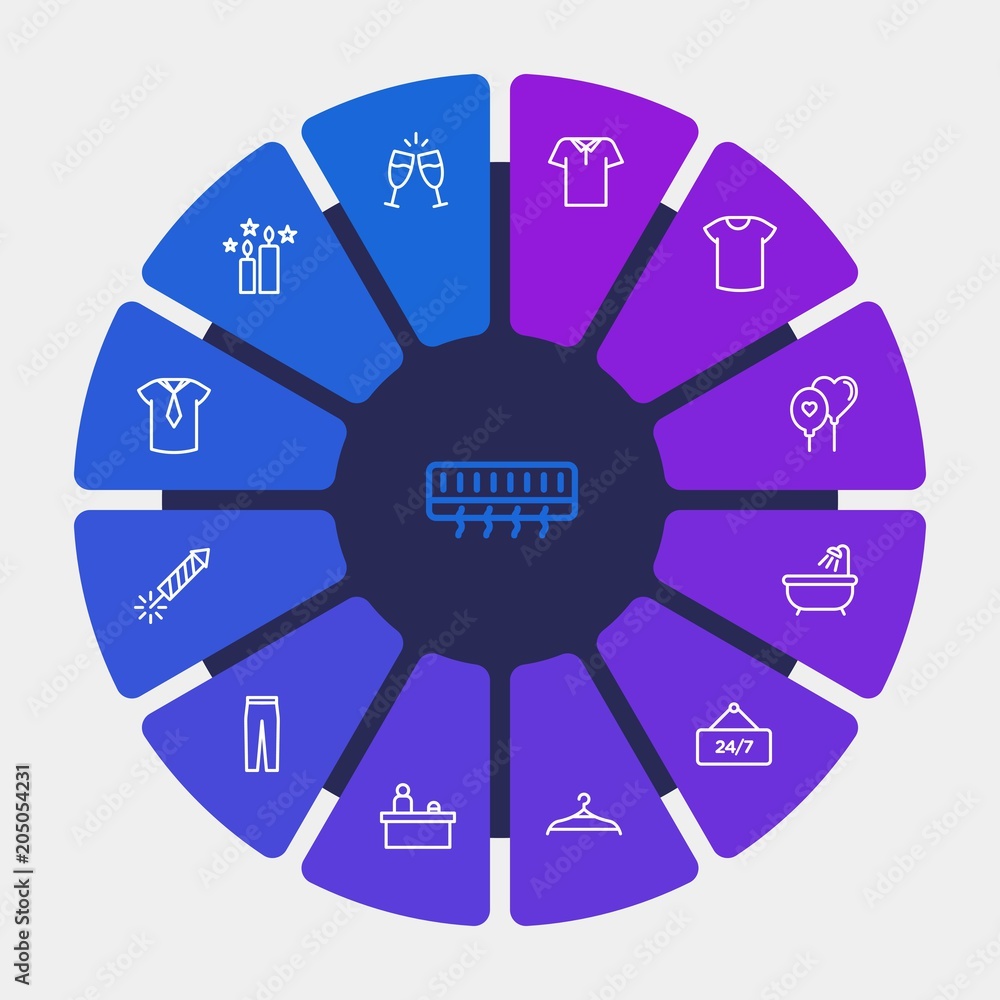Obraz premium hotel, clothes, valentine Infographic Circle outline Icons Set. Contains such Icons as business, office, firework, water, service, champagne, polo, gift and more. Fully Editable. Pixel Perfect