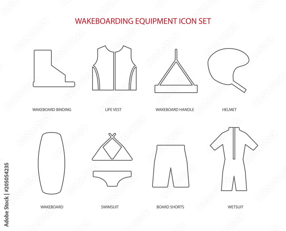 Wakeboarding equipment icons set Wakeboarding equipment icons set