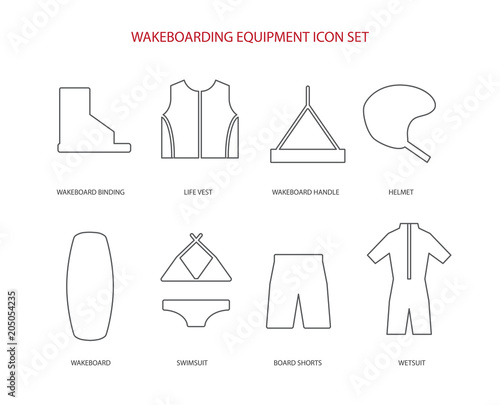 Wakeboarding equipment icons set