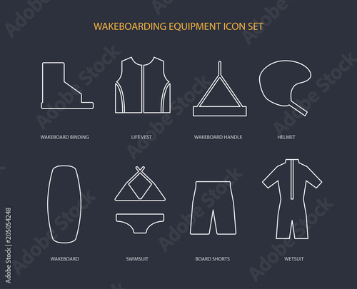 Wakeboarding equipment icons set