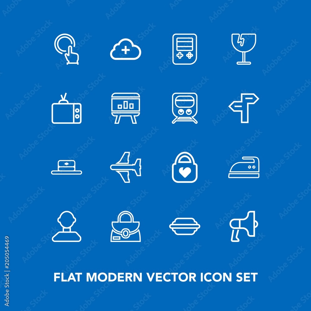 Modern, simple vector icon set on blue background with leather, megaphone, head, aircraft, window, ironing, finger, iron, destruction, domestic, housework, cap, flight, speaker, internet, object icons Modern, simple vector icon set on blue background with leather, megaphone, head, aircraft, window, ironing, finger, iron, destruction, domestic, housework, cap, flight, speaker, internet, object icons