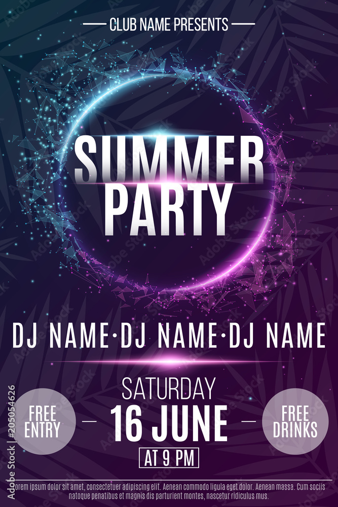 Flyer for the Summer Party. Abstract neon round banner with flying ...