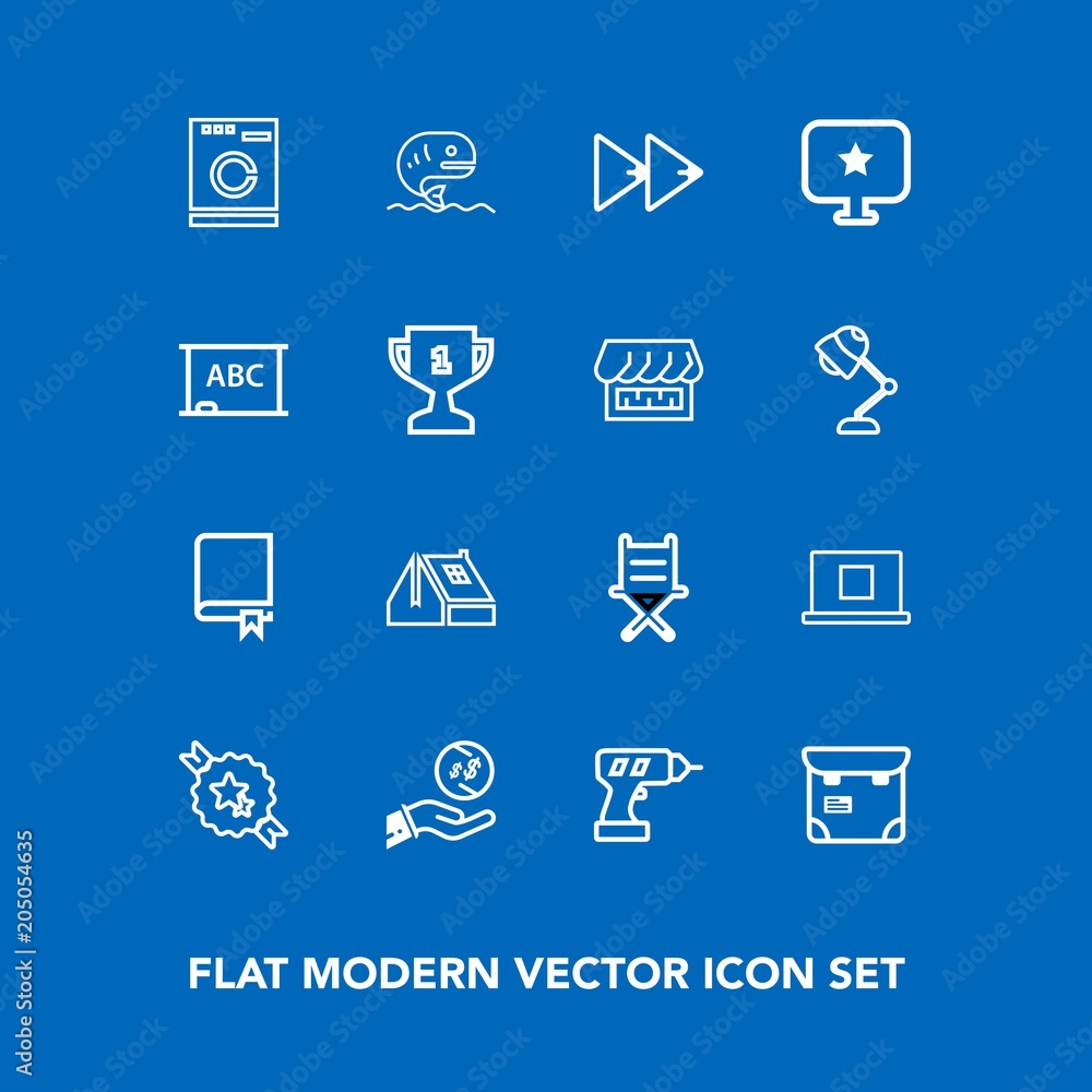Modern, simple vector icon set on blue background with music, investment,  food, study, education, people, professional, dollar, machine, web,  finance, seafood, ribbon, housework, appliance, roof icons Stock Vector |  Adobe Stock