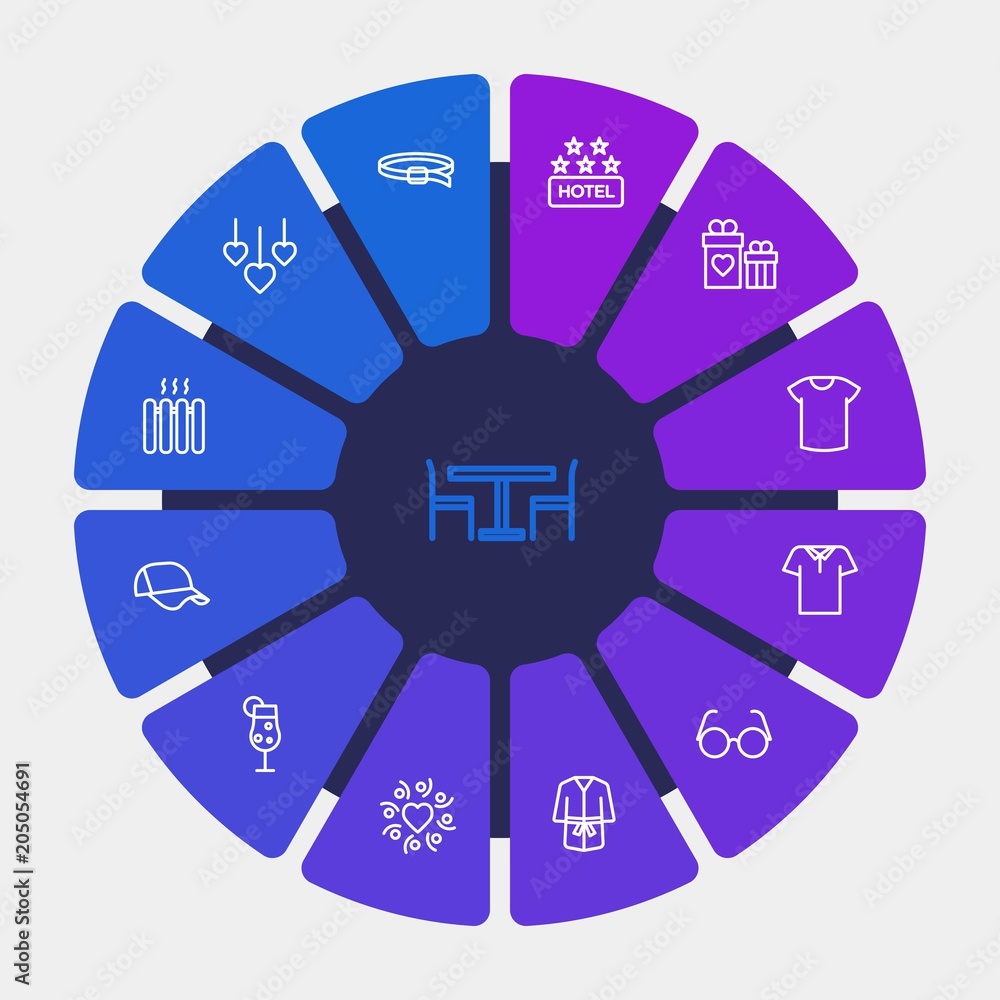 hotel, clothes, valentine Infographic Circle outline Icons Set. Contains such Icons as cocktail, belt, clean, gift, template, bath, luxury, robe, holiday and more. Fully Editable. Pixel Perfect hotel, clothes, valentine Infographic Circle outline Icons Set. Contains such Icons as cocktail, belt, clean, gift, template, bath, luxury, robe, holiday and more. Fully Editable. Pixel Perfect