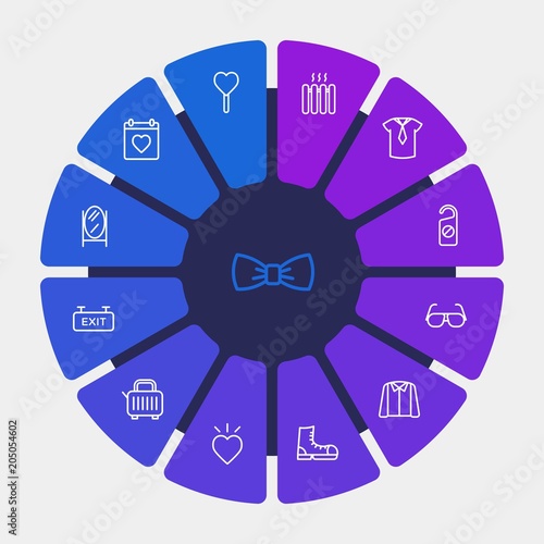 hotel, clothes, valentine Infographic Circle outline Icons Set. Contains such Icons as hotel, house, room, female, breakfast, people, candy, heart, tie and more. Fully Editable. Pixel Perfect