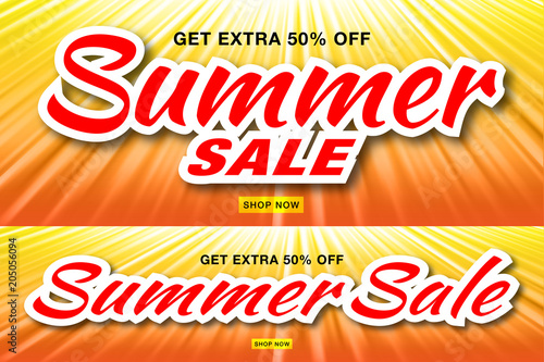 Summer sale template banners with sun rays. Set of glow horizontal sunlight orange background. Sunshine glare heat with flash rays and bubbles backdrop. Campaign sale 50% off. Vector illustration.