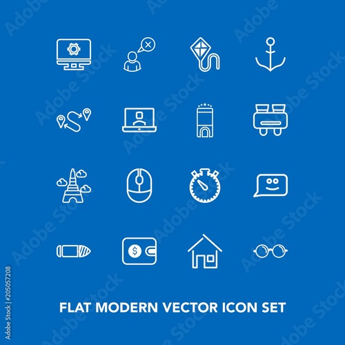 Modern, simple vector icon set on blue background with bullet, glasses, profile, setting, time, house, paris, sky, purse, gun, weapon, computer, eye, eiffel, face, home, kite, clock, summer, fun icons