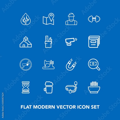Modern, simple vector icon set on blue background with landscape, beer, machine, dinner, sign, pub, mask, dish, pin, magnetic, craft, time, science, pole, bar, road, web, addiction, find, hot icons