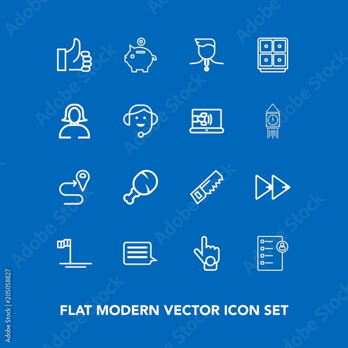 Fototapeta Naklejka Na Ścianę i Meble -  Modern, simple vector icon set on blue background with business, audio, winner, gold, mexico, document, good, ocean, button, medal, gesture, investment, location, saw, index, chicken, success icons