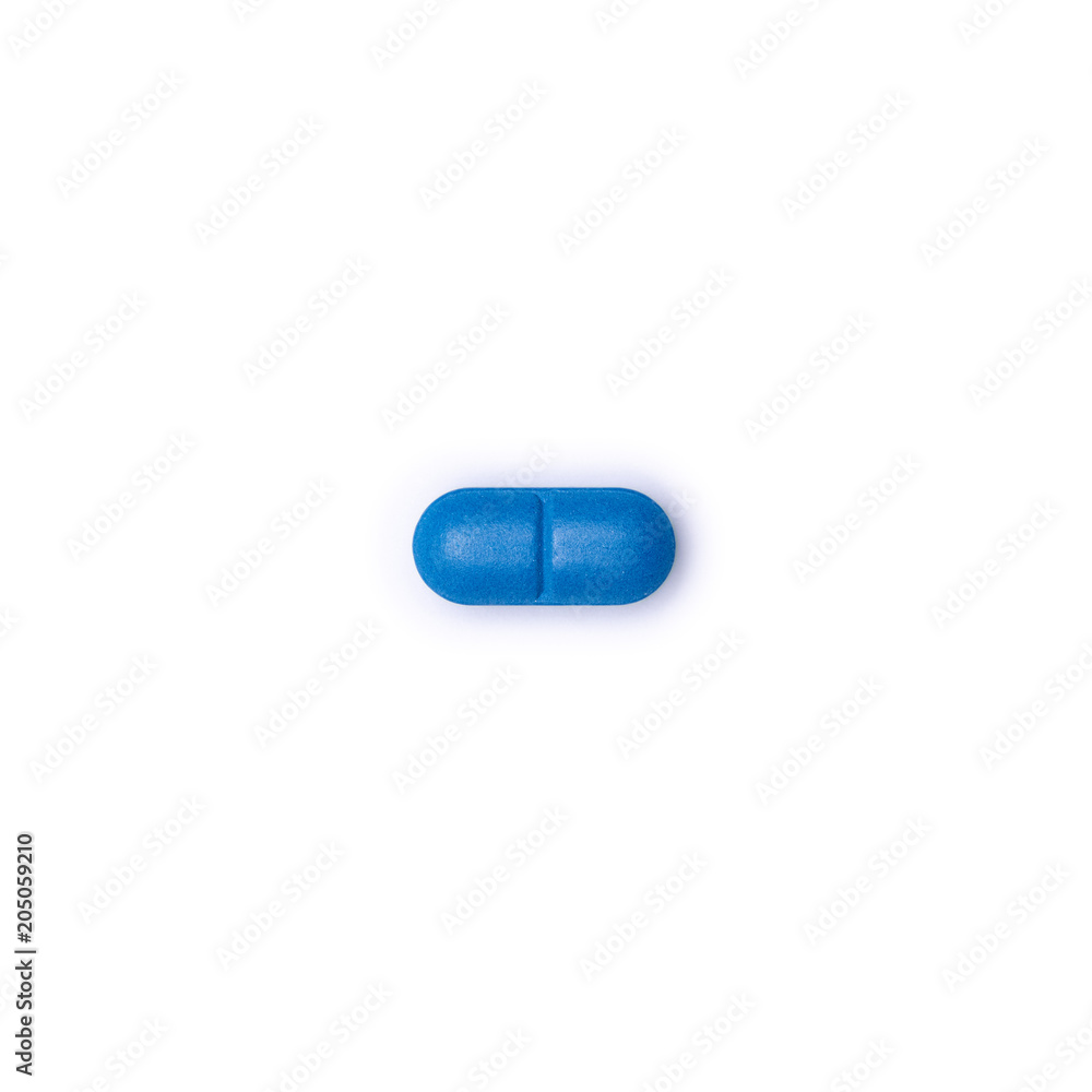 Single blue pill isolated on white background. Medication and prescription pill minimal flat lay with copy space. Single blue pill isolated on white background. Medication and prescription pill minimal flat lay with copy space.