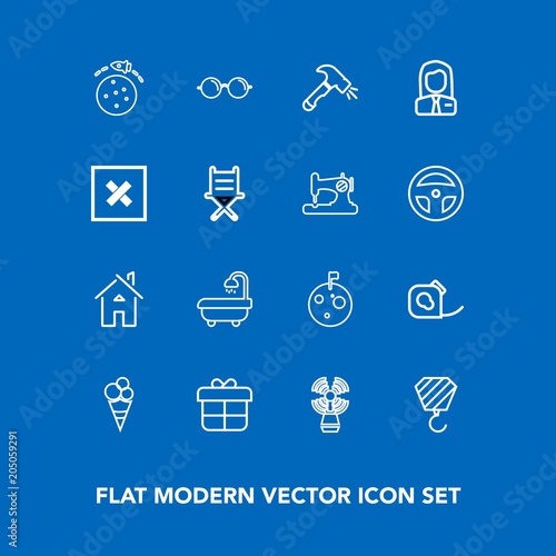 Modern, simple vector icon set on blue background with eyesight, food, flag, sweet, business, home, planet, travel, building, modern, employer, astronaut, eyeglasses, employee, estate, bathroom icons