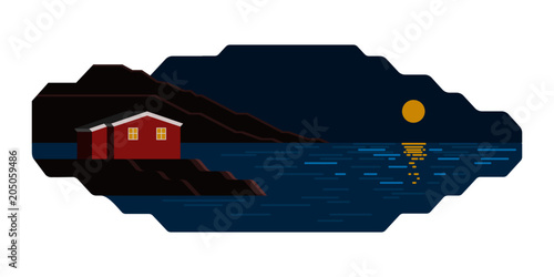 Summer sea night colorful landscape with brown stone cliff, little red house, the windows of which lights up and yellow moon, with reflect in the water. Vector seaside, flat infographic illustration.