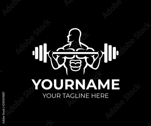 Bodybuilding, gym and fitness centre, man bodybuilder raises barbell row, logo template. Weightlifting, weight training, crossfit and power sports, vector design. Gym club and sportsman, illustration
