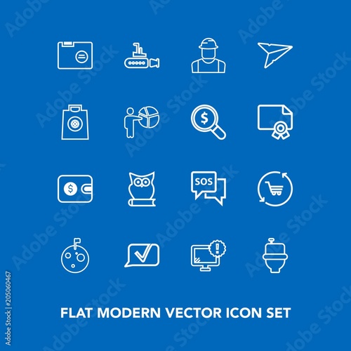 Modern, simple vector icon set on blue background with cash, construction, flag, chat, sos, wc, bathroom, shop, warning, emergency, office, astronaut, danger, boat, folder, worker, marine, purse icons