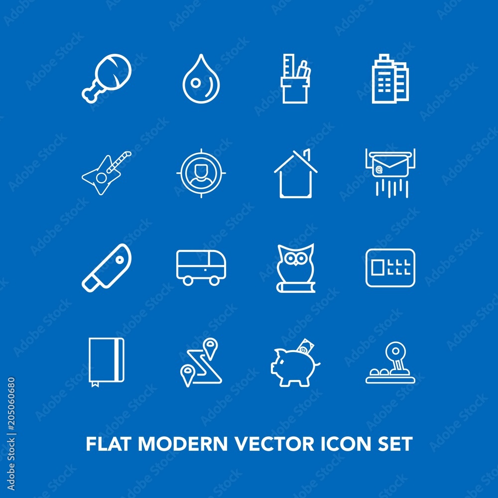 Modern, simple vector icon set on blue background with location, bank, stationery, safe, speed, road, equipment, security, chicken, page, map, book, liquid, water, route, paper, money, office icons Modern, simple vector icon set on blue background with location, bank, stationery, safe, speed, road, equipment, security, chicken, page, map, book, liquid, water, route, paper, money, office icons