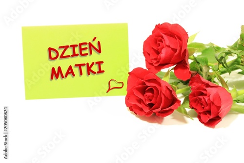 Dzień matki kartka z polskim tekstem DZIEŃ MATKI, róże na białym tle