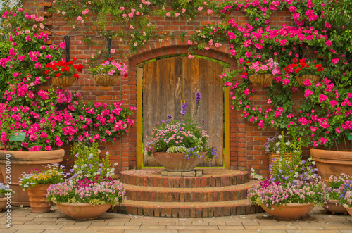 Beautiful botany garden decorated with wooden doors with pink angela climbing rose ,pretty tiny flowers in the wooden pot and the hanging pot of geranium flowers in Uminonakamichi Park, Fukuoka, Japan
