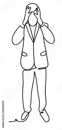Tense man in suit grabbing his head being stressed and thinking about solution of problem. Business concept illustration. Continuous line drawing. Isolated on the white background. Vector illustration