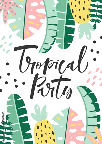 Tropical party poster with palm leaf and lettering.