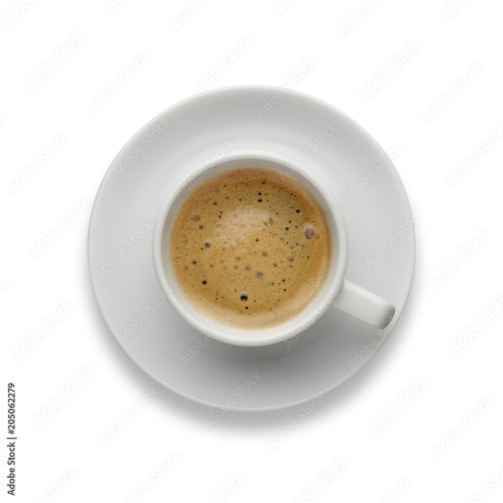 Isolated cup of espresso, shot from above on white. Isolated cup of espresso, shot from above on white.