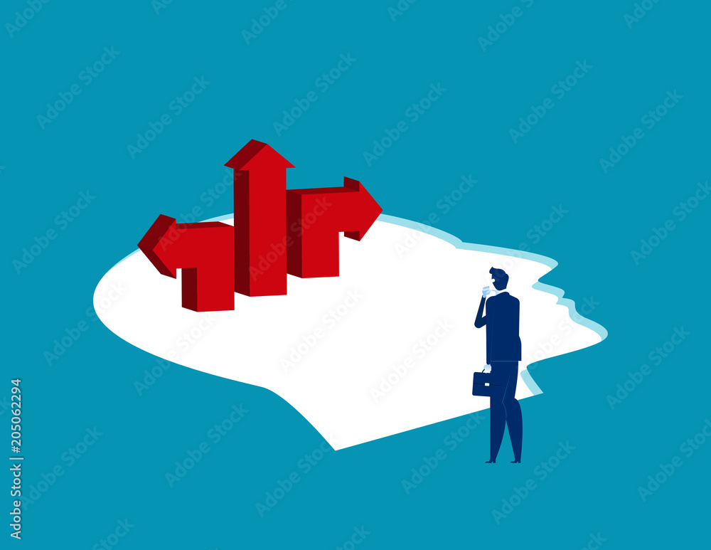 Brains and direction. Businessman standing and thinking. Concept business vector illustration.  Flat character, Cartoon style design.