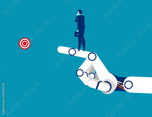 Technology success. Businessman standing on the arm mechanical. Concept business vector illustration. Flat character, Cartoon style design.