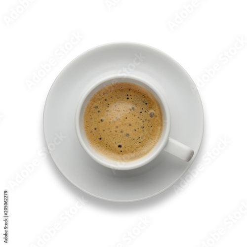 Isolated cup of espresso, shot from above on white.