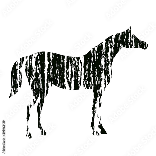 Grunge horse silhouette with black hand drawing artistic strokes texture. Vector art with charcoal abstract style. Equestrian sport illustration.