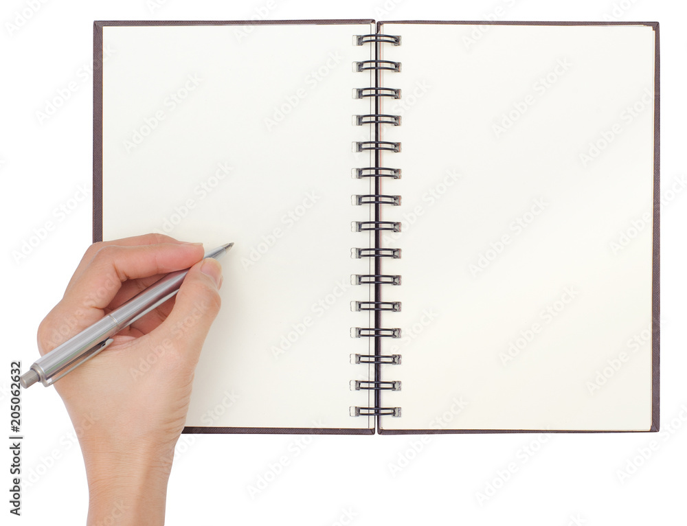 Blank open notebook isolated on white background with hand writeing Blank open notebook isolated on white background with hand writeing