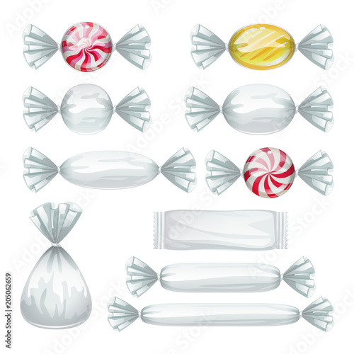 Set of candies in transparent wrappers.