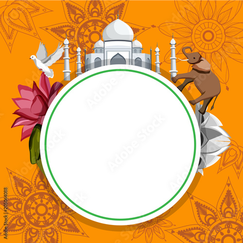 Round India background with Taj Mahal and Lotus Temple.