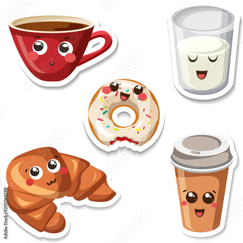 Funny coffee and donut stickers isolated on white.