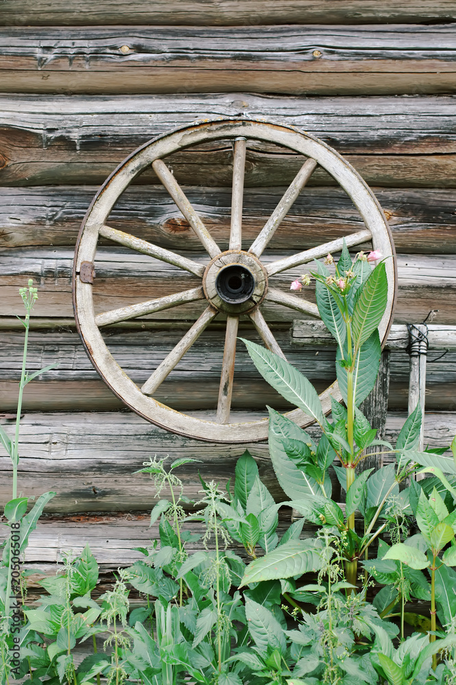 Weathered wall of old barn with wood coach wheel.