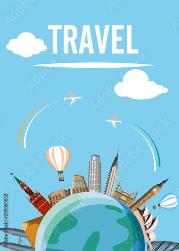 World travel card with worldwide sights and planes.