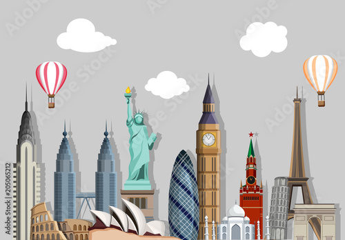 Grey travelling background with worldwide sights.