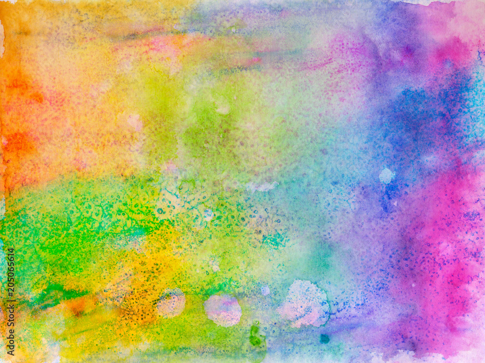 Creative texture for design. Vibrant hand painted watercolor background. Handmade overlay. Decorative chaotic colorful textured paper. Hand drawn bright artistic painting with blots.