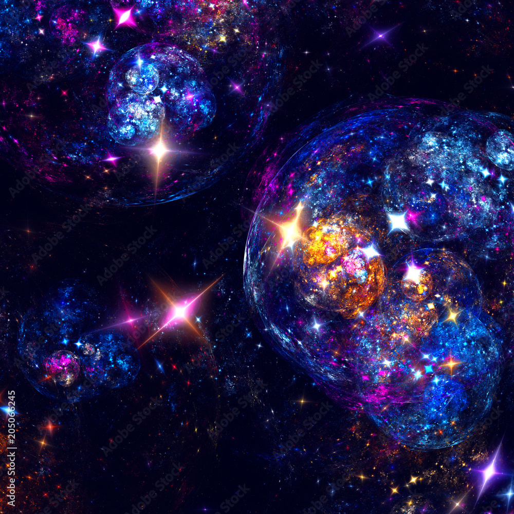 Abstract space, planets and stars. 3D illustration, computer-generated fractal Abstract space, planets and stars. 3D illustration, computer-generated fractal