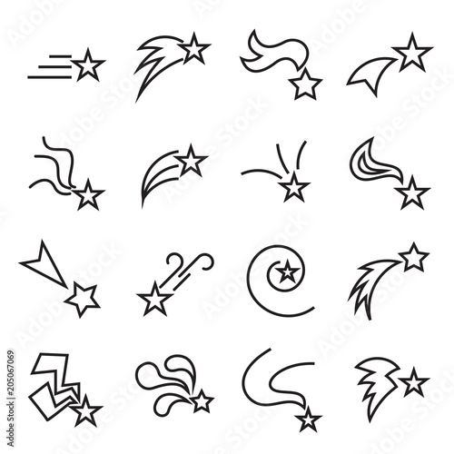 Falling stars icons. Collection of 16 linear symbols of shooting stars isolated on a white background. Vector illustration. Editable stroke © Staratel