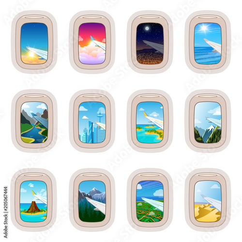 Aairplane window vector traveling by plane and porthole view in flight illustration tourism set of windowpane in aircraft transport and aeroplane isolated on white background