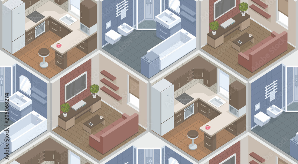 Seamless pattern with isometric living room, kitchen, bathroom