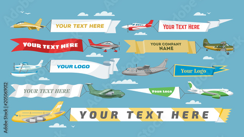 Plane banner vector airplane or aircraft with blank message advertisement and text template ad in illustration set of aeroplane or airliner advertising in sky isolated on background