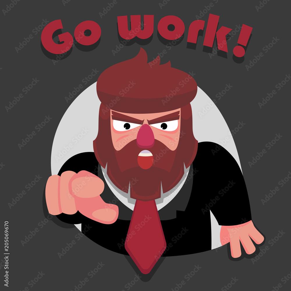 The evil chief with a beard points a finger and orders to go to work The evil chief with a beard points a finger and orders to go to work