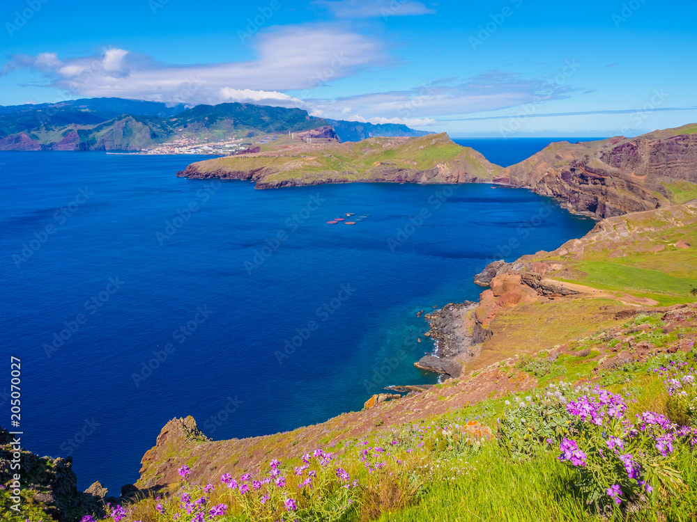Beautiful landscape over the coastline of Ponta de Sao area on Madeira island, Portugal