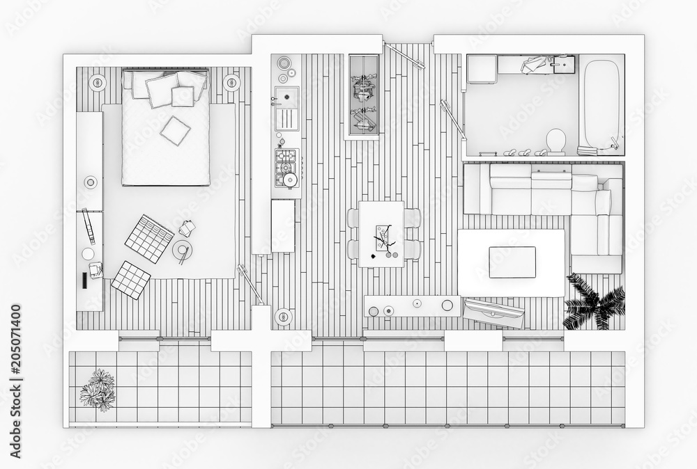 Line drawing floor plan on a white background, Mock up of furnished home apartment Line drawing floor plan on a white background, Mock up of furnished home apartment