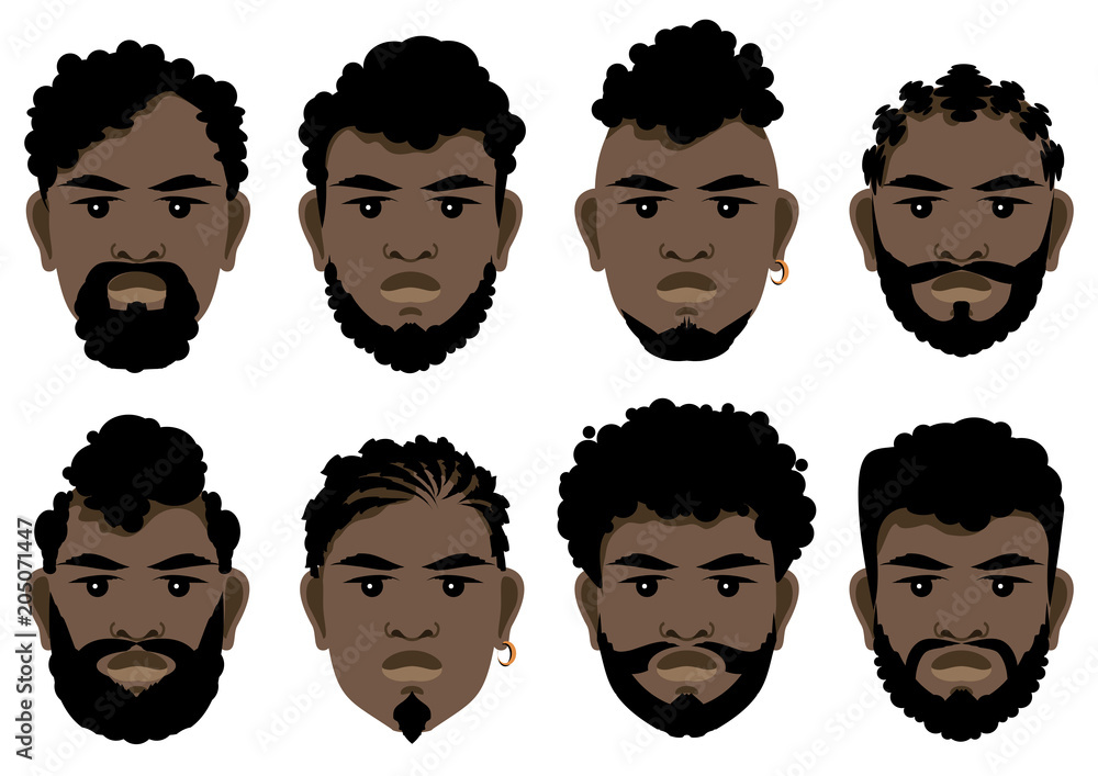 Set of black men's faces with different hairstyles, beards and mustache .  Vector illustration. Stock Vector | Adobe Stock