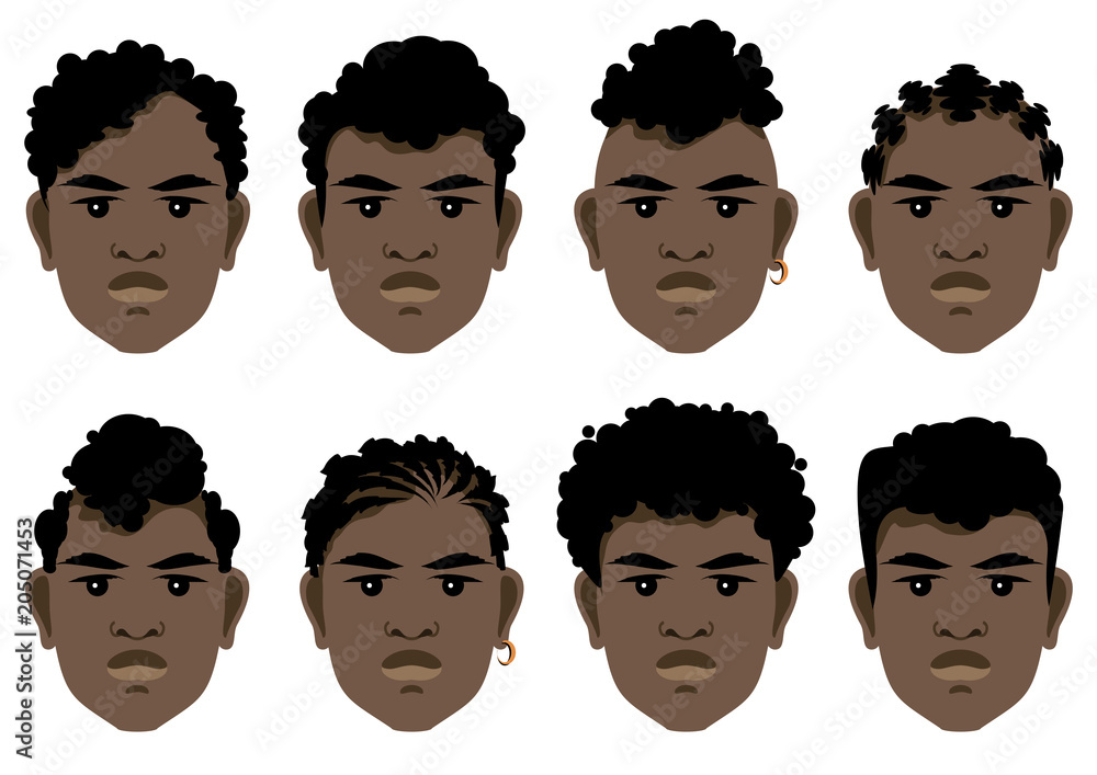 Set of black men with curly hair and different hairstyles. Vector  illustration. Stock Vector | Adobe Stock