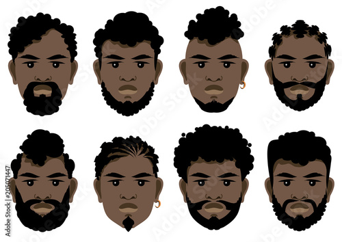 Set of black men's faces with different hairstyles, beards and mustache .  Vector illustration.