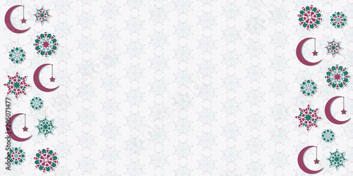 Beautiful vector background, for greeting card, packing paper, banner, business card, celebration or decoration for the Ramadan holiday. Geometric abstract ornament in the form of flowers, month, star