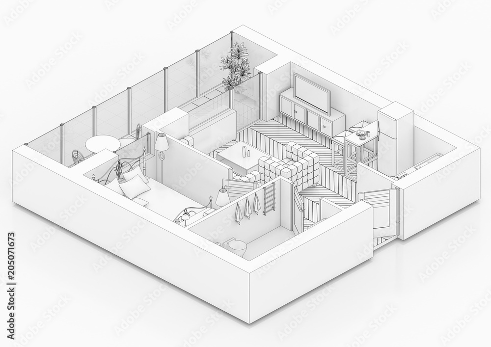 Line drawing floor plan on a white background, Mock up of furnished home apartment Line drawing floor plan on a white background, Mock up of furnished home apartment