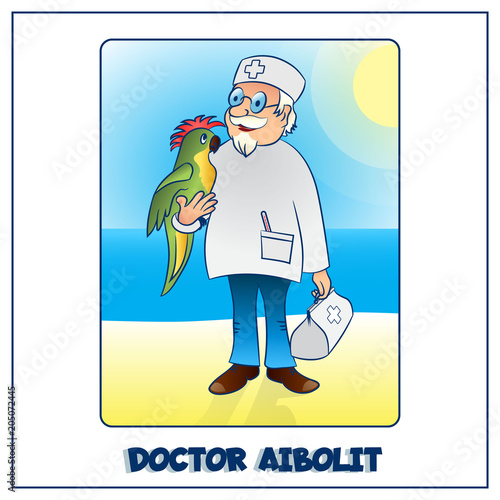 Doctor-veterinarian from a children s fairy tale Aibolit. On the seashore, holds a parrot on his hand. In his hand is a suitcase with medics and a thermometer. For children s creativity. Vector  